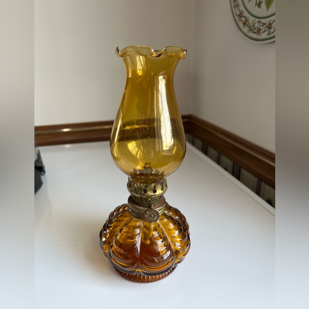 Vintage Miniature Amber Glass Oil Lamp